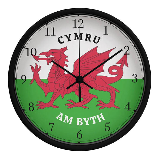 PPP3Wooden Frame 10in Clock, CYMRU AM BYTH, Welsh Dragon