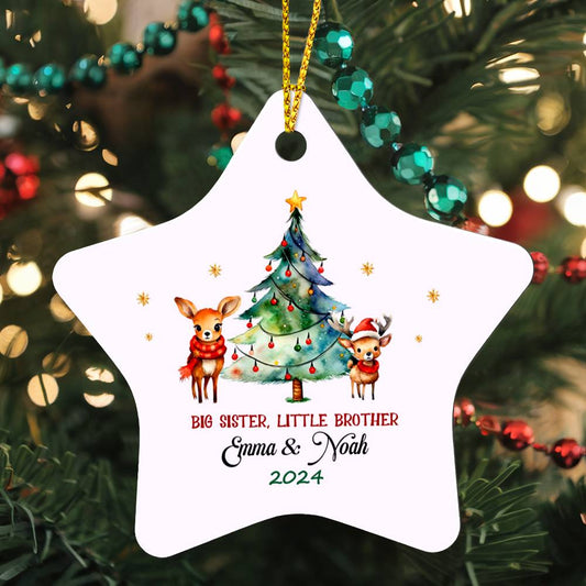 Big Sister Little Brother Christmas Ornament 2024 Sibling Announcement New Sister Gift Custom Ornament Personalized Newborn Gift for Parents - High Gloss Star Ornament