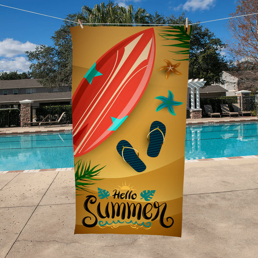 Beach Towel-Hello Summer With Surfboard and Sandals