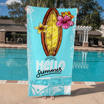 Beach Towel-Hello Summer WV Van and Surfboard